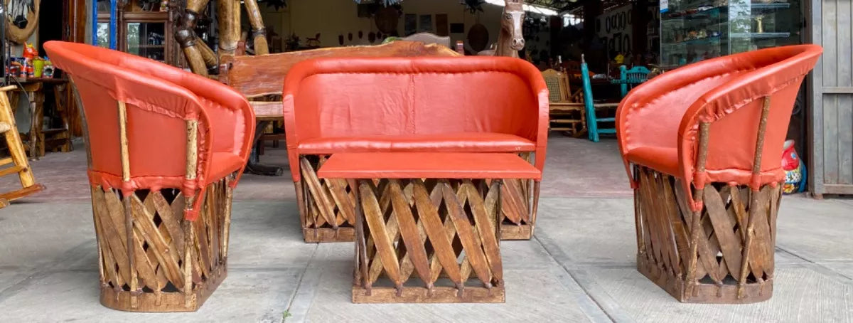 Handcrafted Room Equipal Wood Leather Antique Style Terracotta