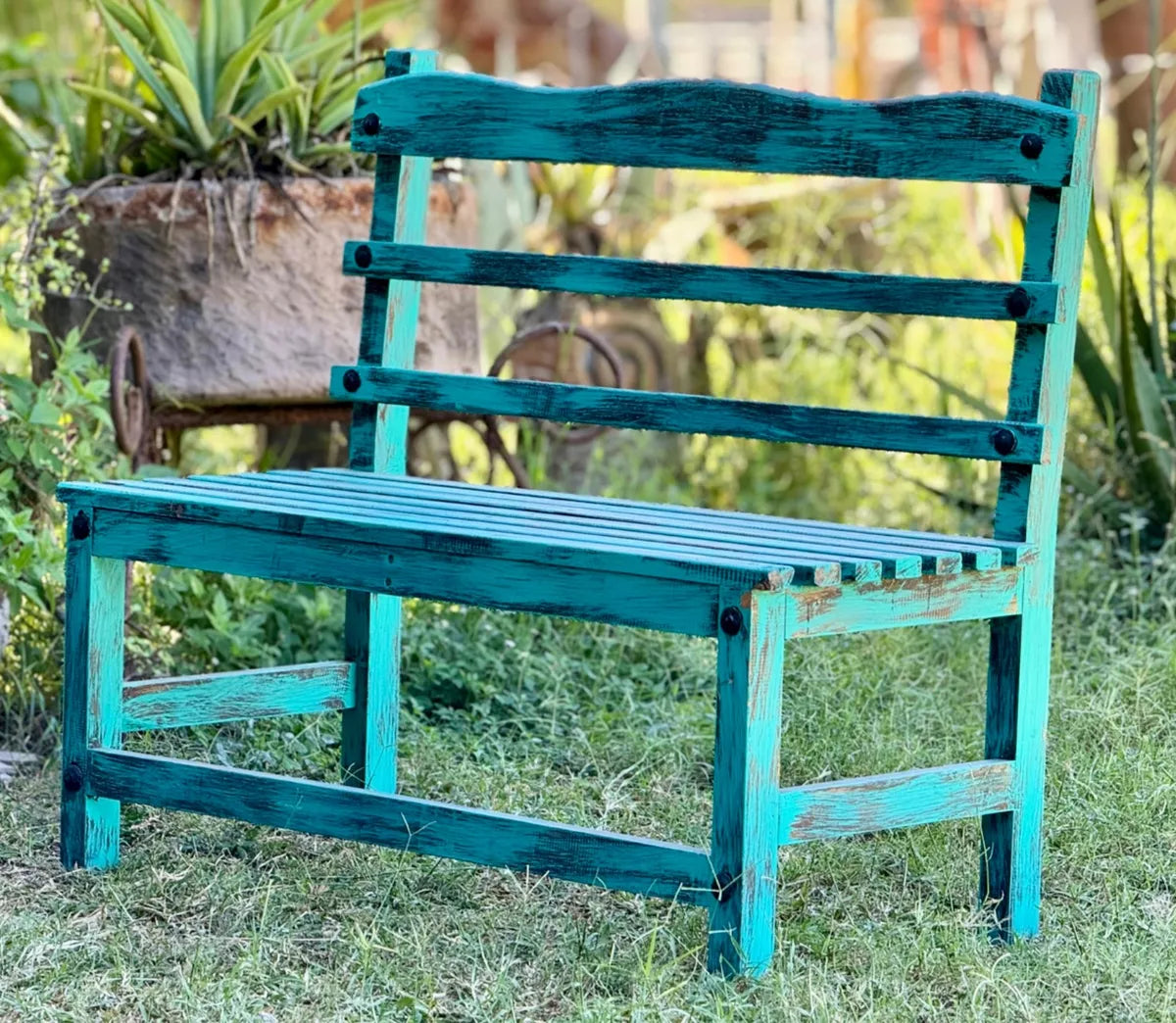 Silla Banca Artesanal 2 Personas Antiguo Turquesa Vintage