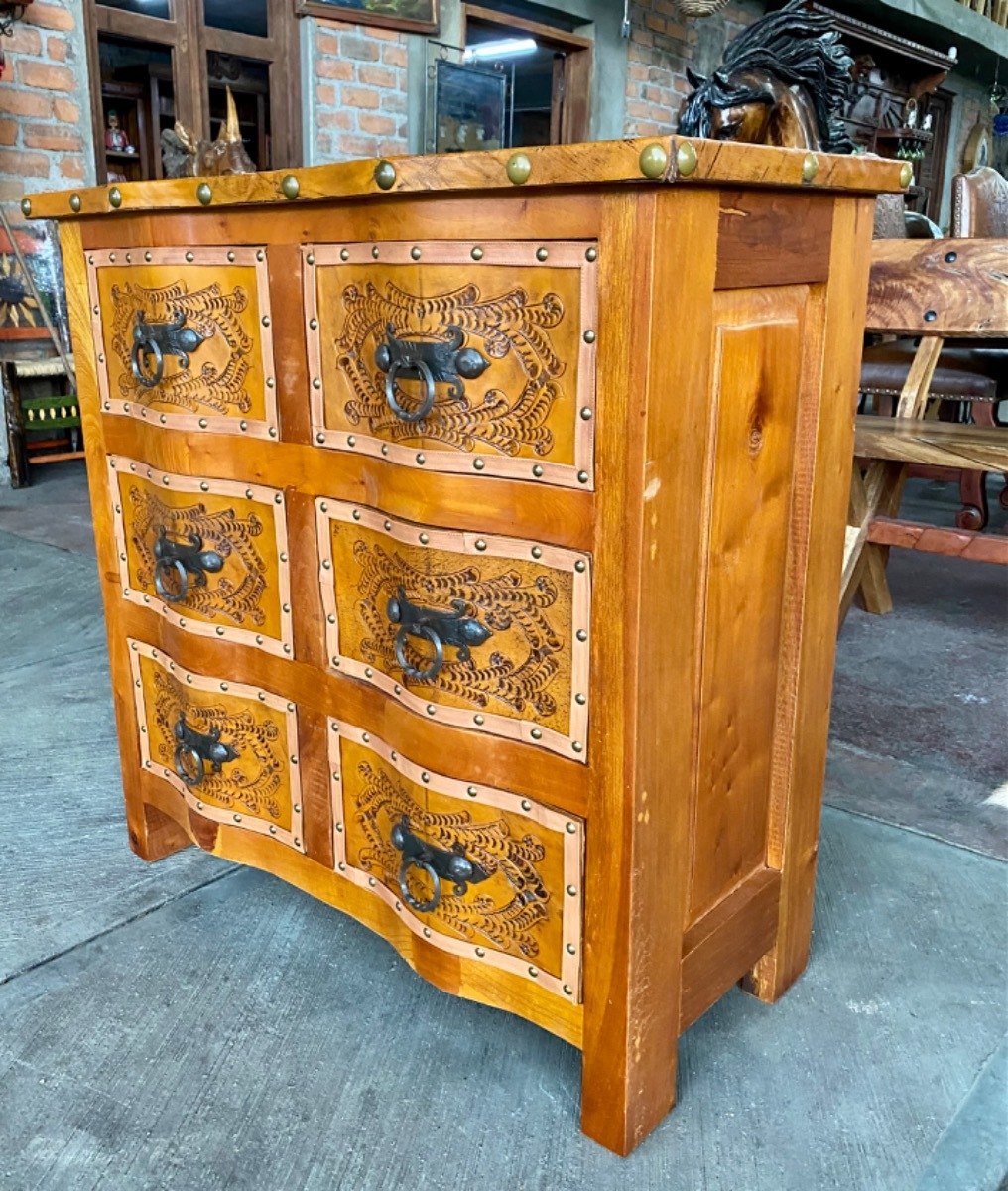 Chest of Drawers in Cedar, Oak, and Antique-Style Leather