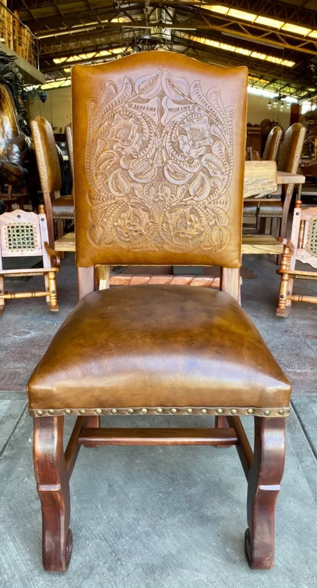 Handcrafted Parota and Chiseled Leather Chair, Antique Style