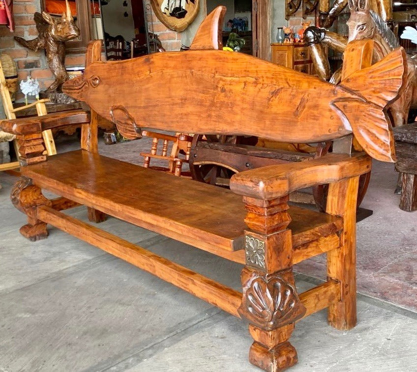 Antique Original Bench for 4 to 5 People, Carved Dolphin Wood.