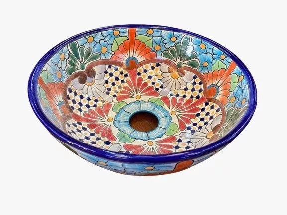 Small Round Countertop Talavera Sink, Antique Style