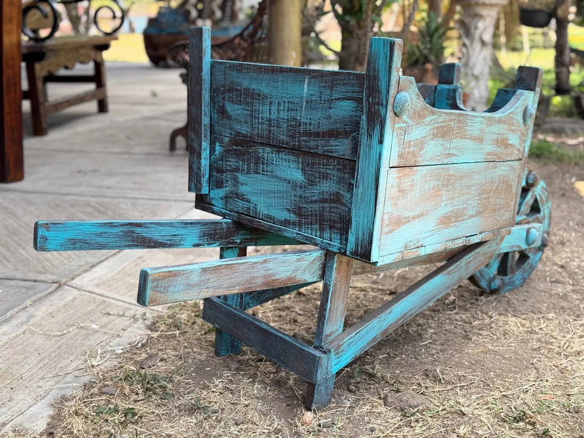 Maceta Carretilla Artesanal Madera De Encino Vintage Antiguo