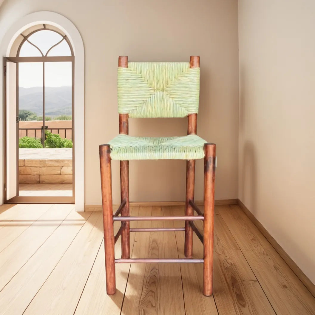 Handcrafted solid wood bench with woven tulle seat, 75 cm high, protected with wax and marine varnish