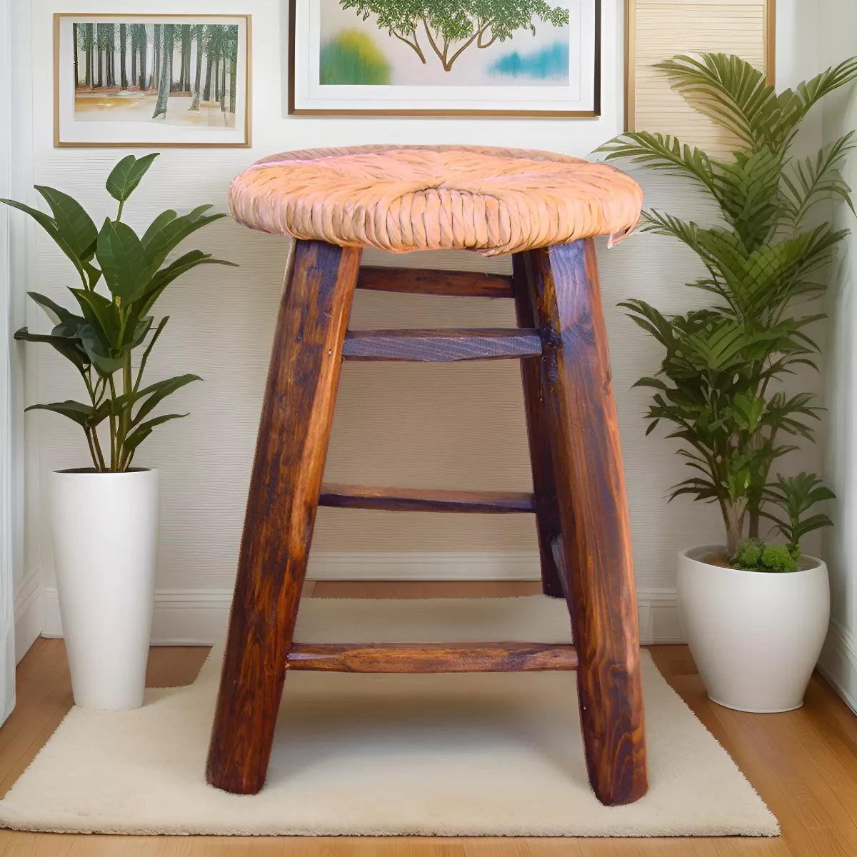 Handcrafted bar stool made of wood and tulle. Antique style.