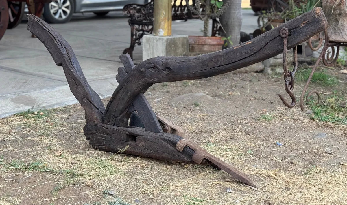 Old and original wooden plow with a share