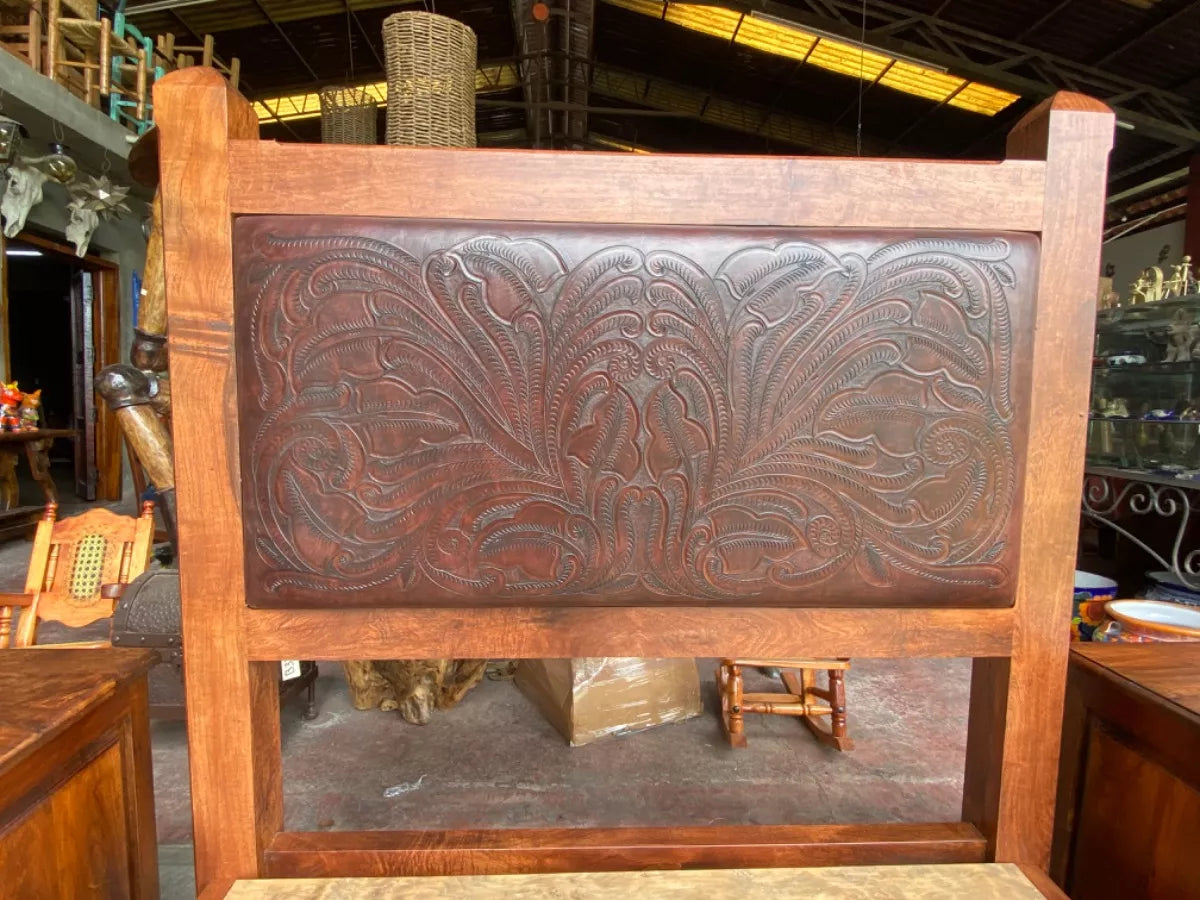 Queen Mesquite and Leather Bedroom, Antique Minimalist Style.