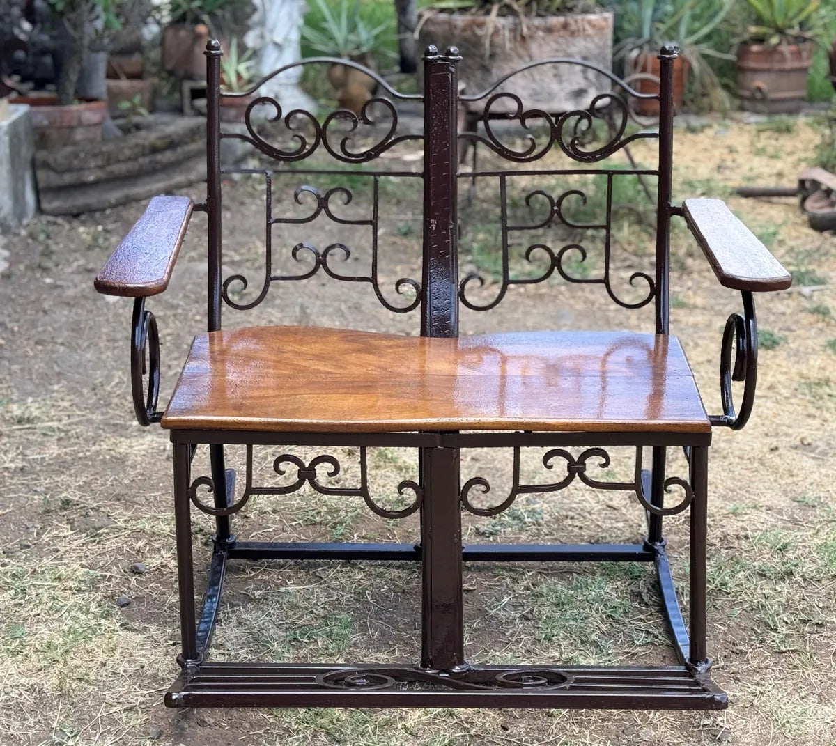 Antique Style Wrought Iron and Parota Rocking Bench