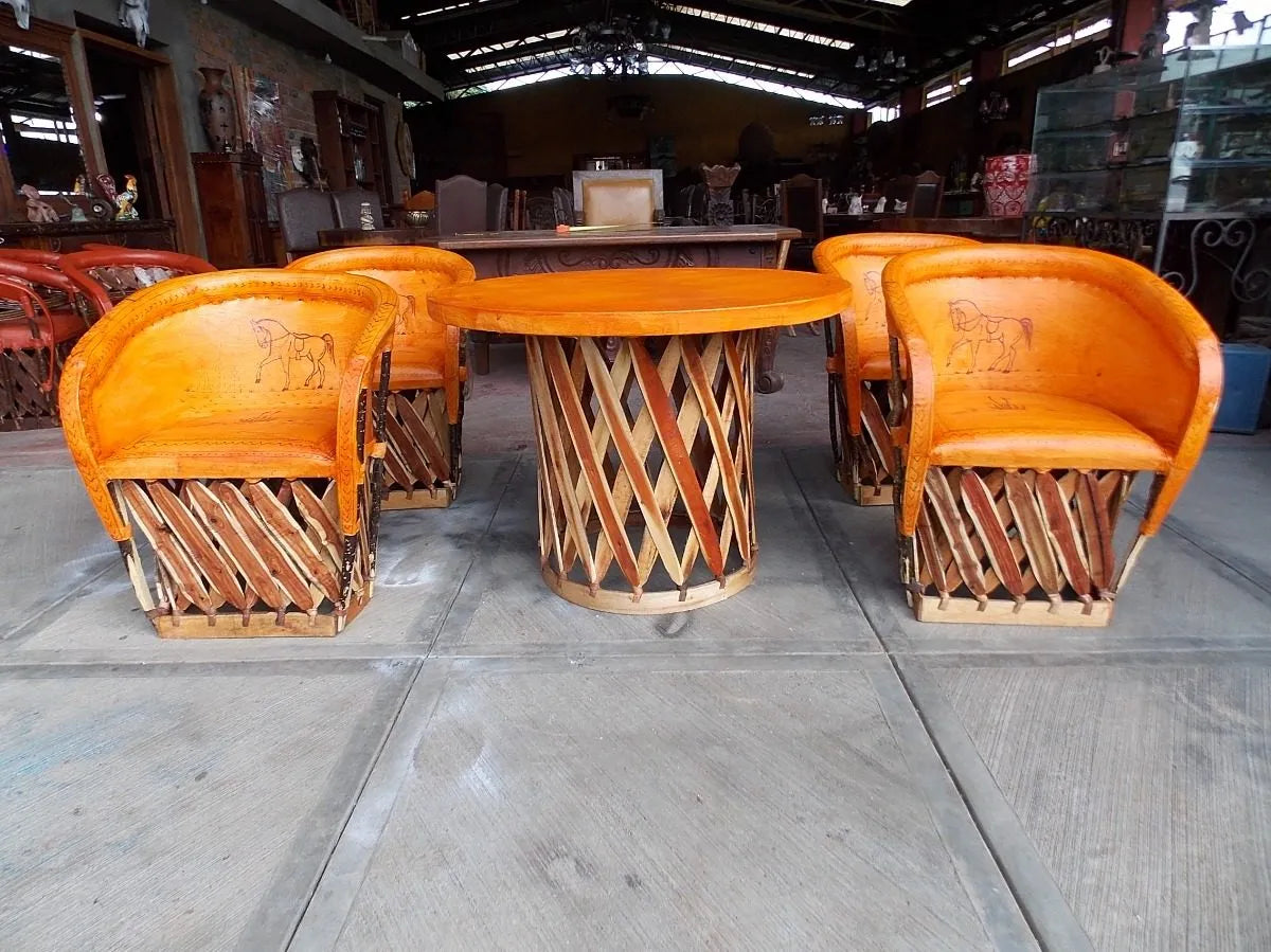 Hermoso Comedor De Equipales Pirograbados Estilo Antiguo.