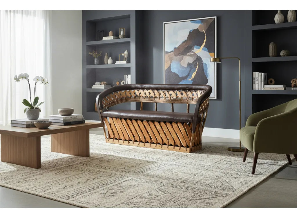 Sillon Love Seat 3 Personas Estilo Equipal Antiguo Estacas. Chocolate Piel