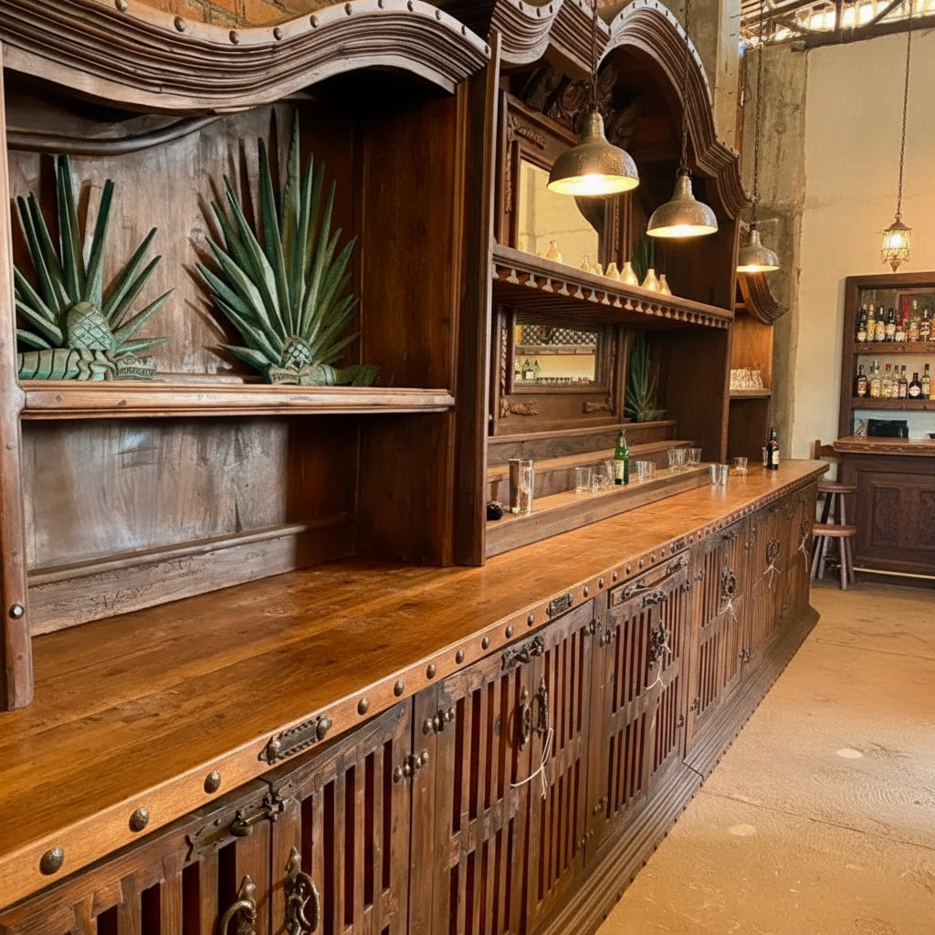 Exclusive Bar Counter Made of Antique Wood and Wrought Iron