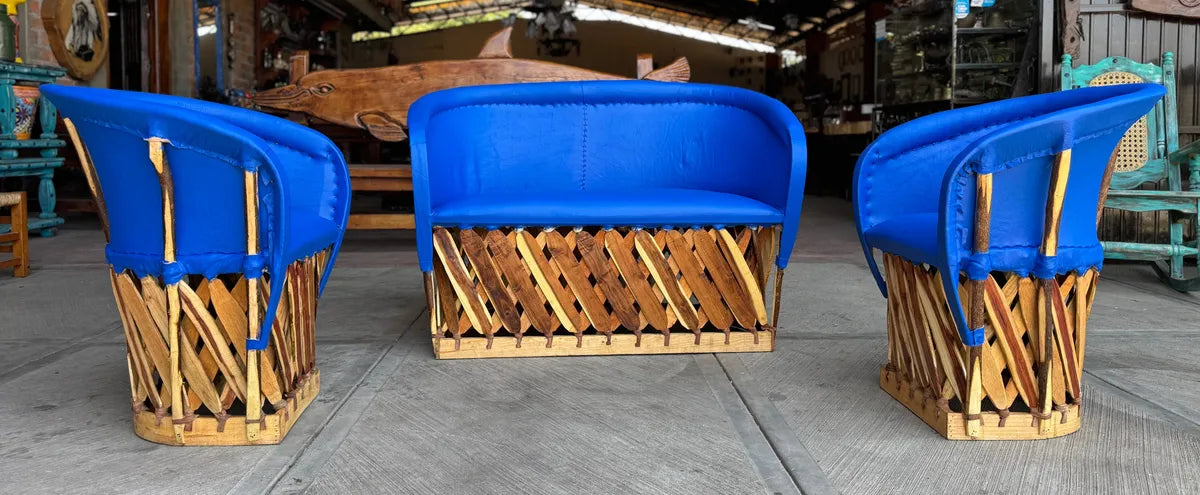 Blue Equipal Wood and Leather Antique Style Handcrafted Room.
