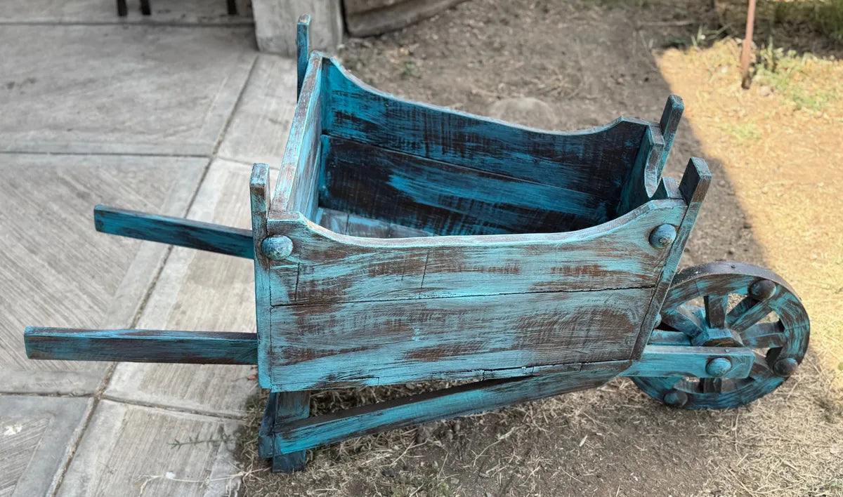 Maceta Carretilla Artesanal Madera De Encino Vintage Antiguo