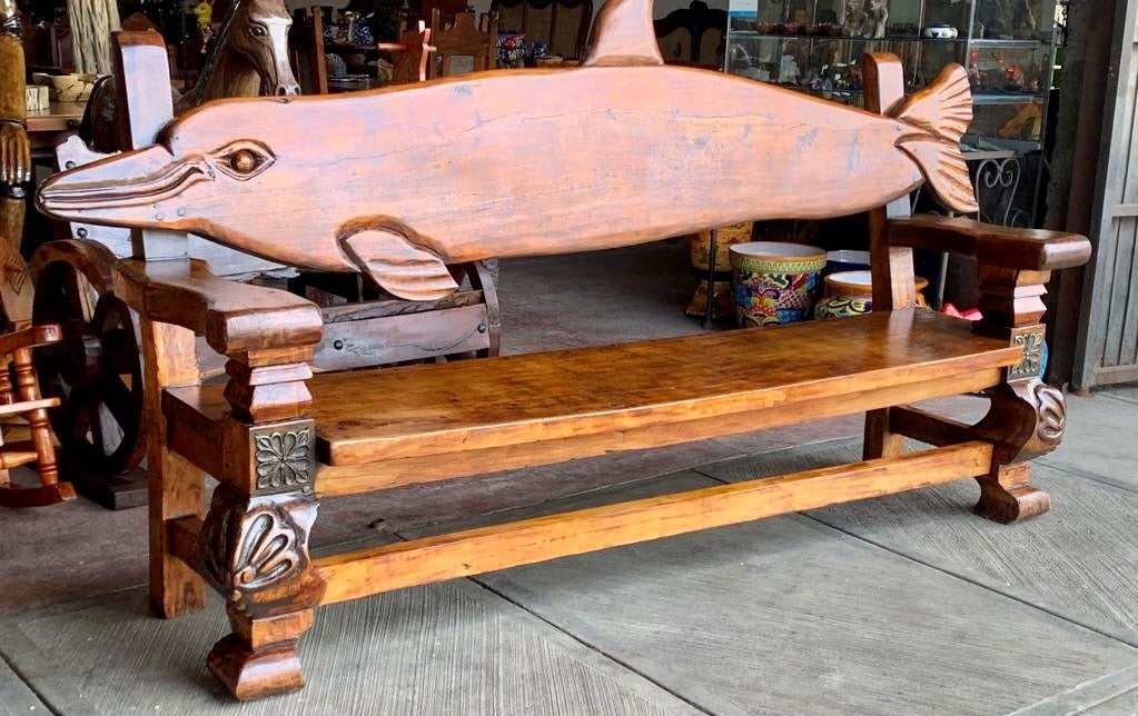 Antique Original Bench for 4 to 5 People, Carved Dolphin Wood.