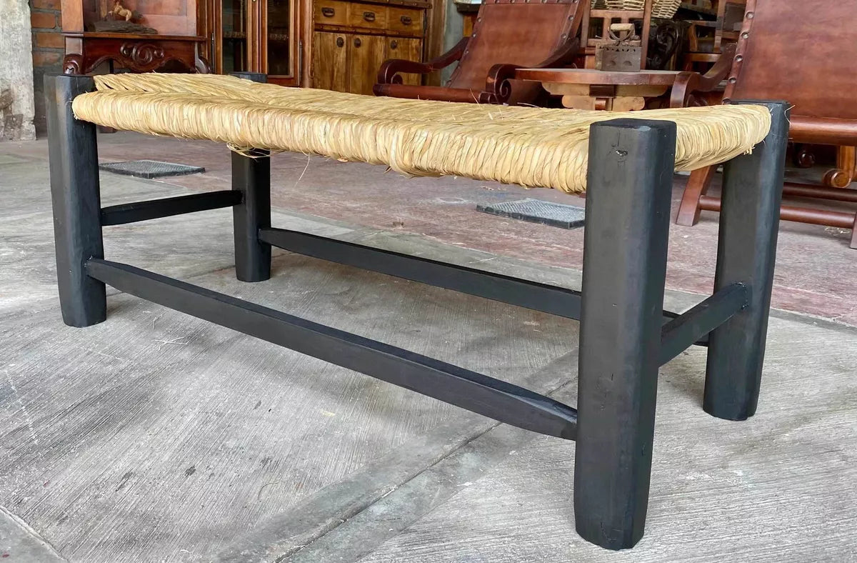 Black Handmade Bench Woven Wood with Tulle Antique Style