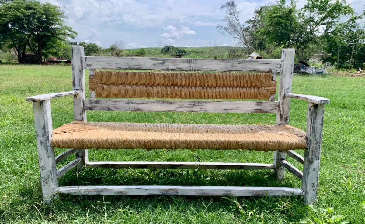 Vintage White Handcrafted Bench 3 Person Antique Style.