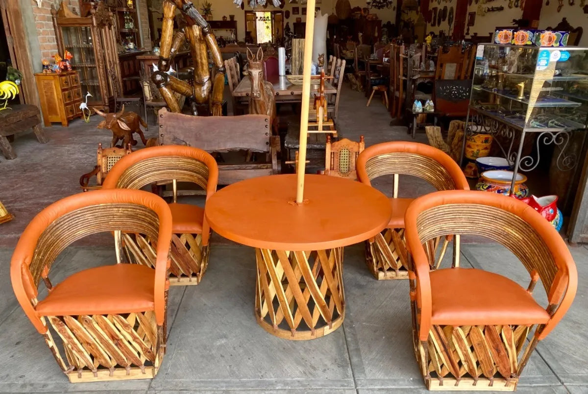Comedor Equipales Madera Y Piel Con Sombrilla Estilo Antiguo