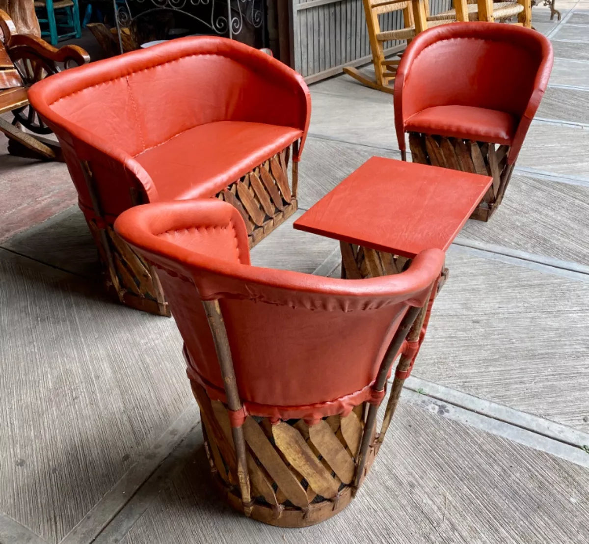 Handcrafted Room Equipal Wood Leather Antique Style Terracotta