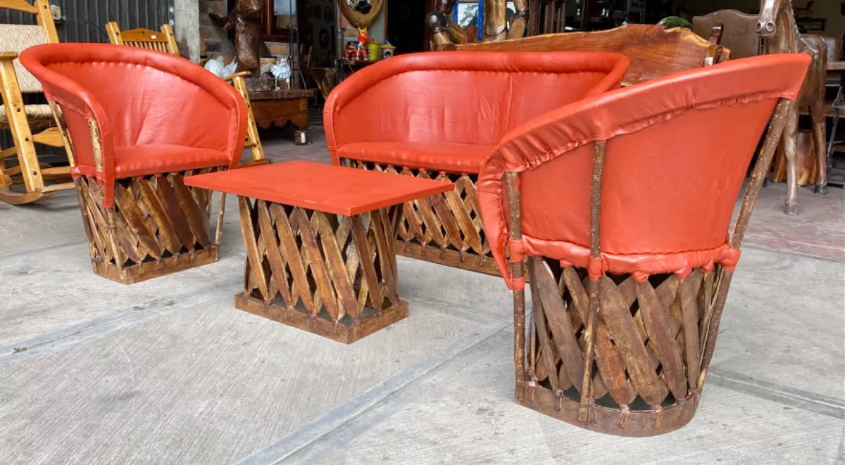 Handcrafted Room Equipal Wood Leather Antique Style Terracotta