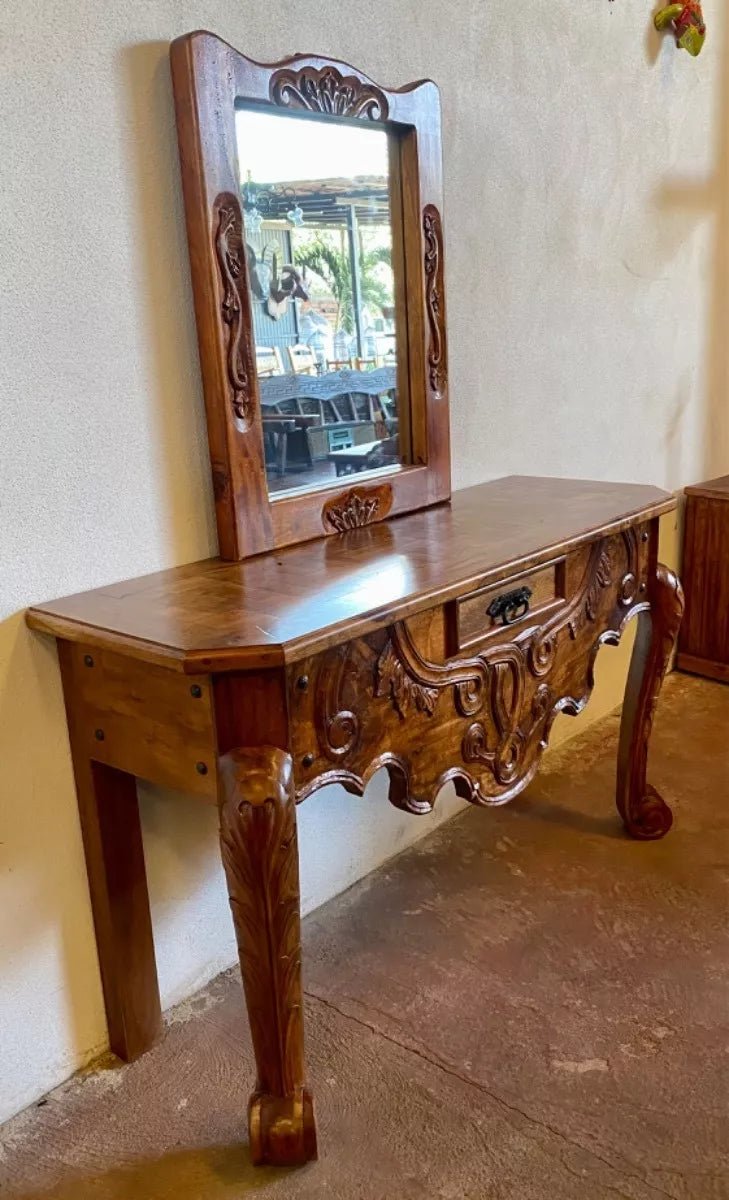 Sideboard with mirror carved in antique-style wood.