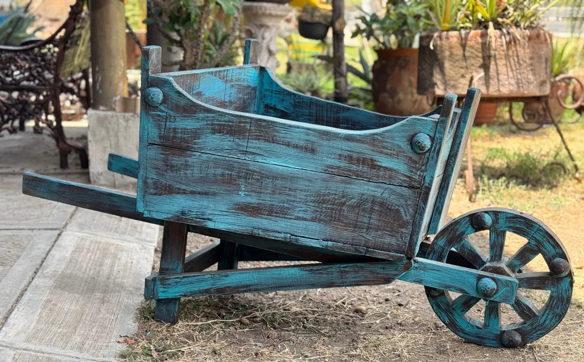 Maceta Carretilla Artesanal Madera De Encino Vintage Antiguo