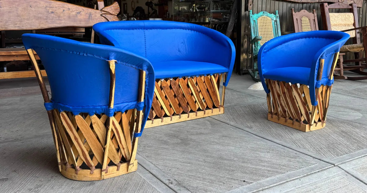Blue Equipal Wood and Leather Antique Style Handcrafted Room.