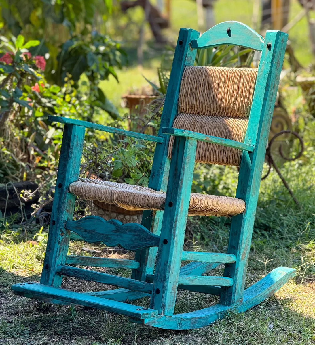 Vintage Turquoise Style Sustainable Wooden Rocking Chair.