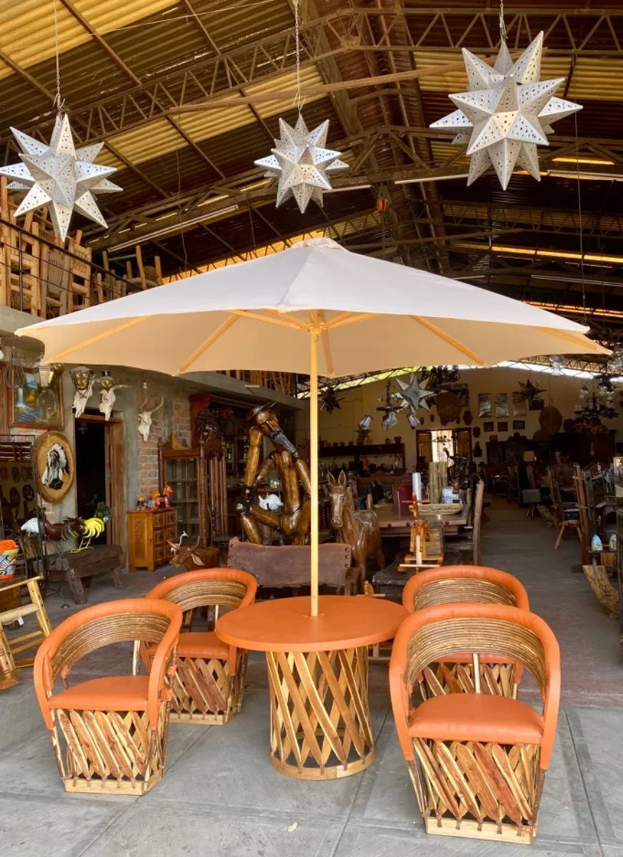 Comedor Equipales Madera Y Piel Con Sombrilla Estilo Antiguo
