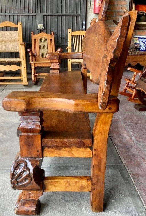 Antique Original Bench for 4 to 5 People, Carved Dolphin Wood.