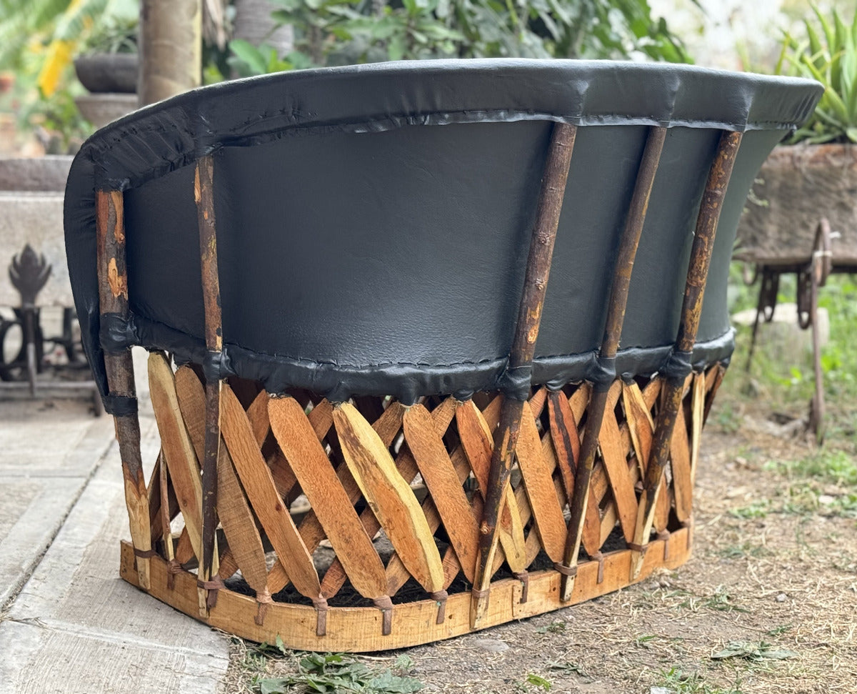 Black Handcrafted 2-Person Equipal Style Love Seat.