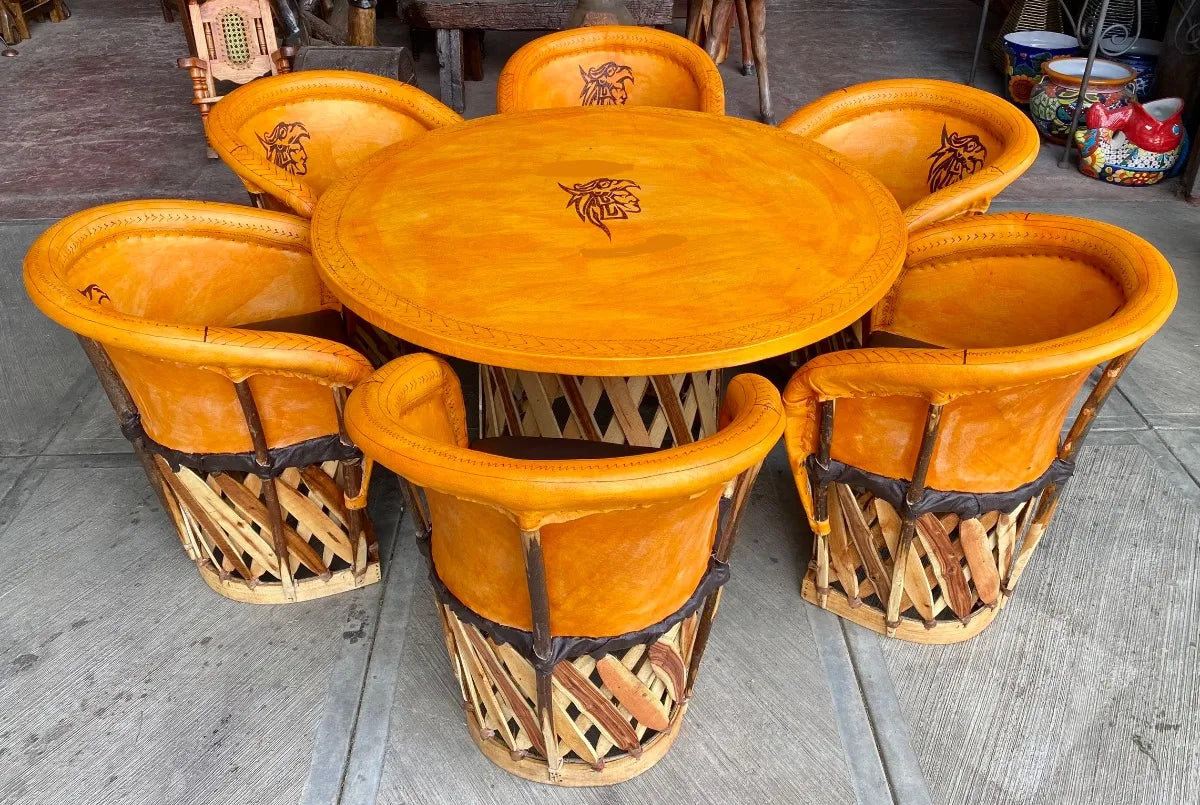 Equipal Dining Room 6 Chairs Aztec Pyrography Antique Style.
