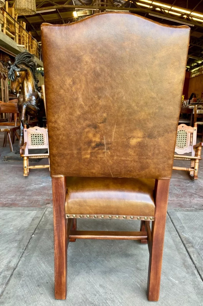 Handcrafted Parota and Chiseled Leather Chair, Antique Style