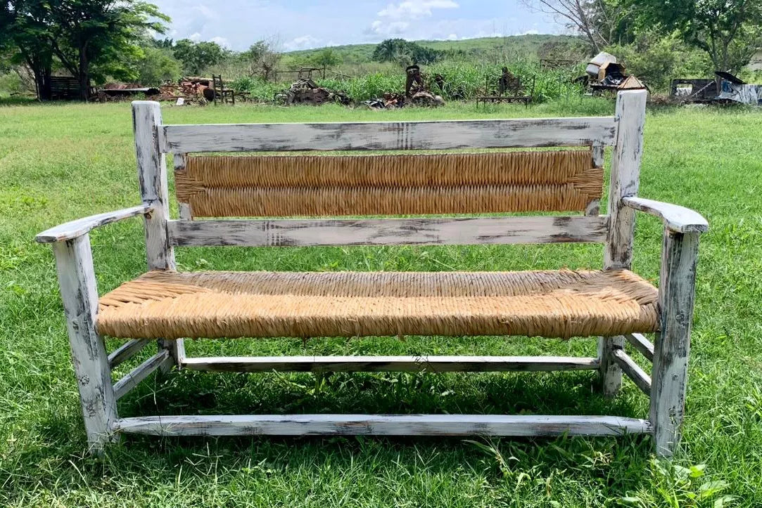 Vintage White Handcrafted Bench 3 Person Antique Style.