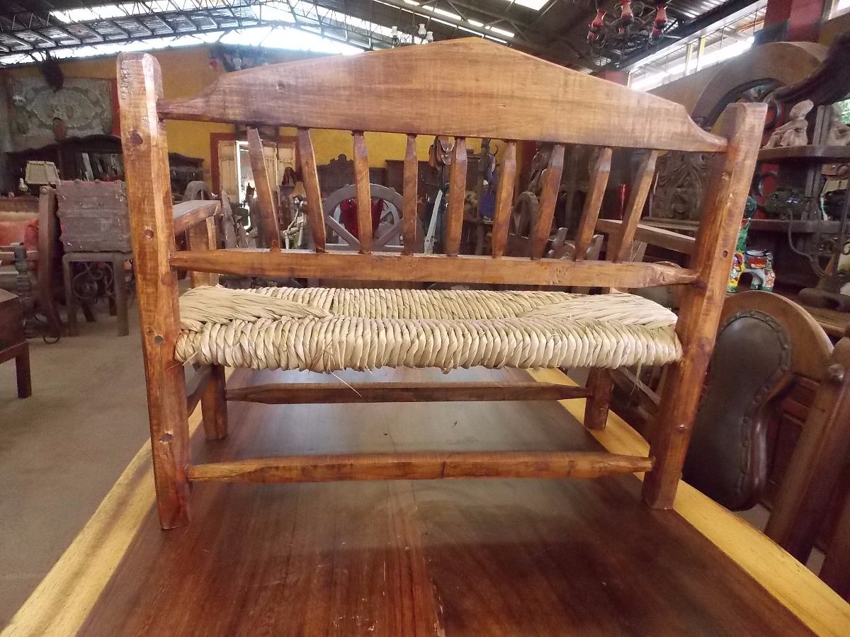 Wooden bench with antique-style fabric. For children.