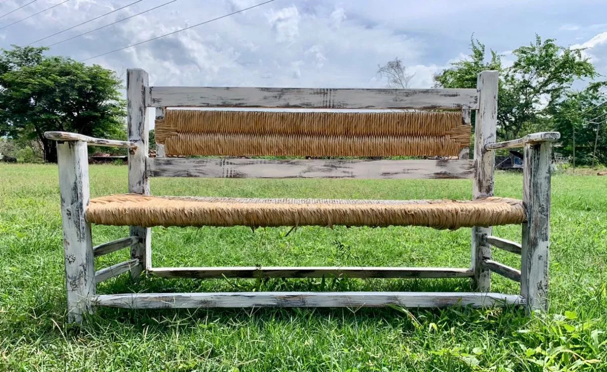 Vintage White Handcrafted Bench 3 Person Antique Style.