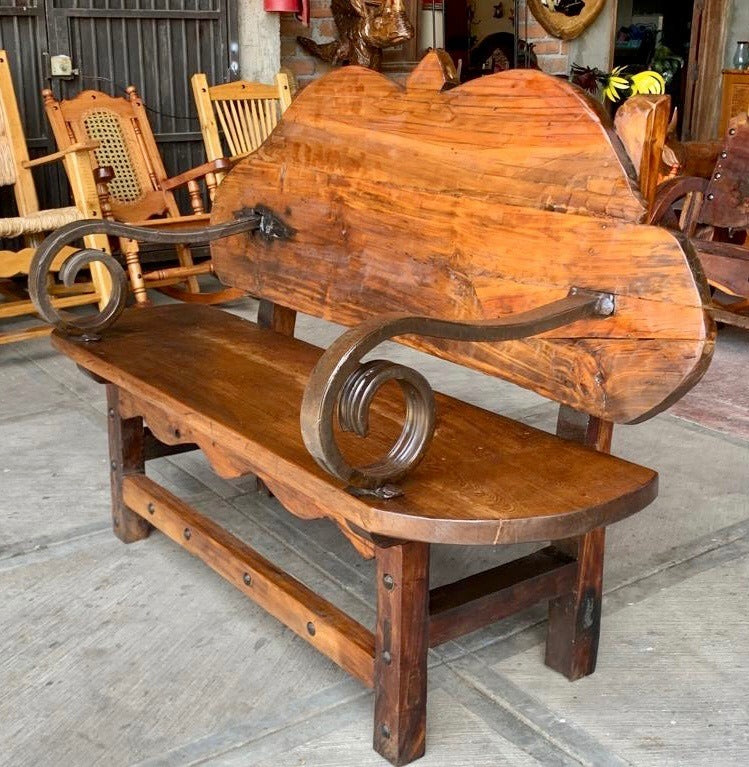Antique and Original Rustic Bench in Spring Wood and Iron.