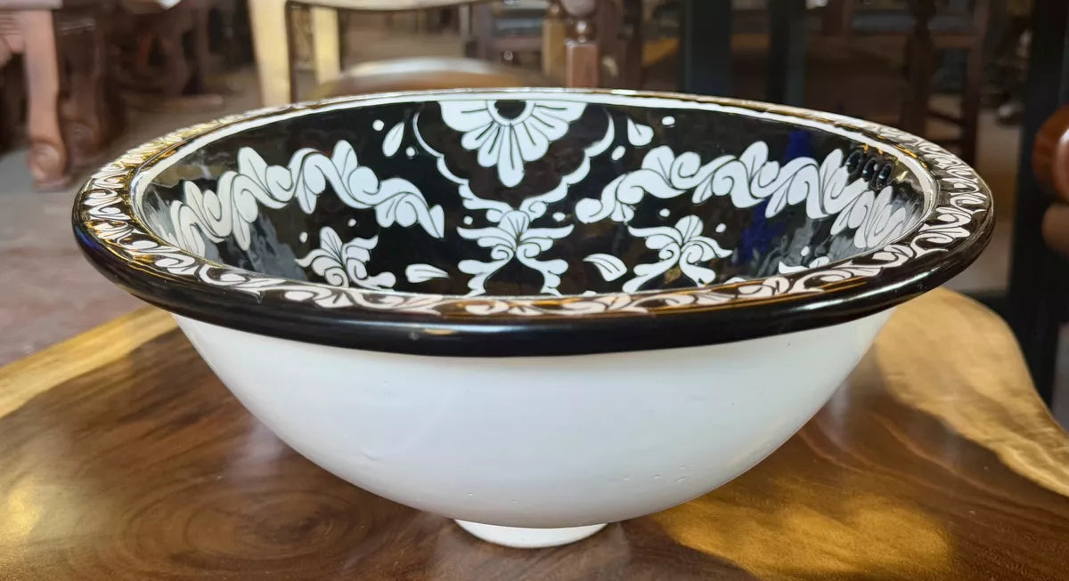 Lavabo Ovalin Talavera Fina Blanco Y Negro Estilo Antiguo