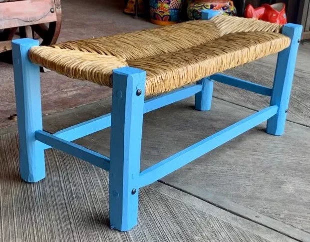 Blue Handmade Bench, Wrought Iron Wood and Tulle, Antique Style.