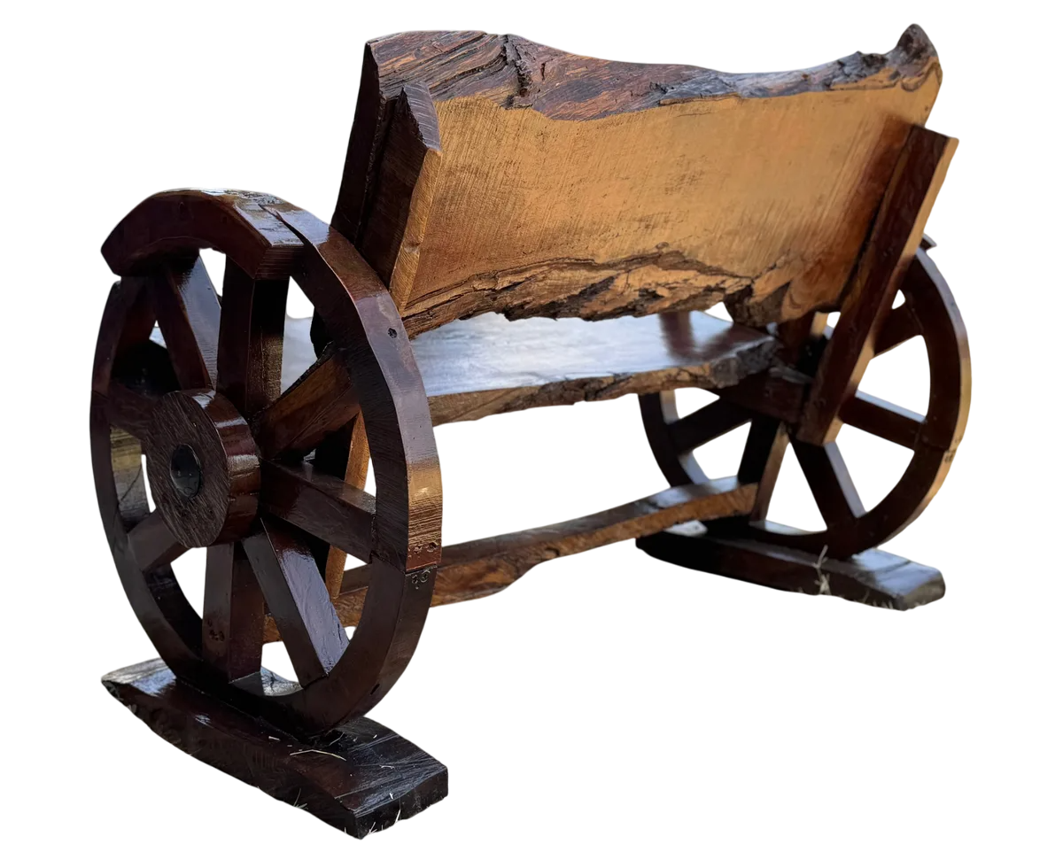 Banca de madera de mezquite antigua de 2 pulgadas (5 cm) de grosor, hecha a mano, para 2 personas, con respaldo antiguo, ruedas originales, más de 100 años
