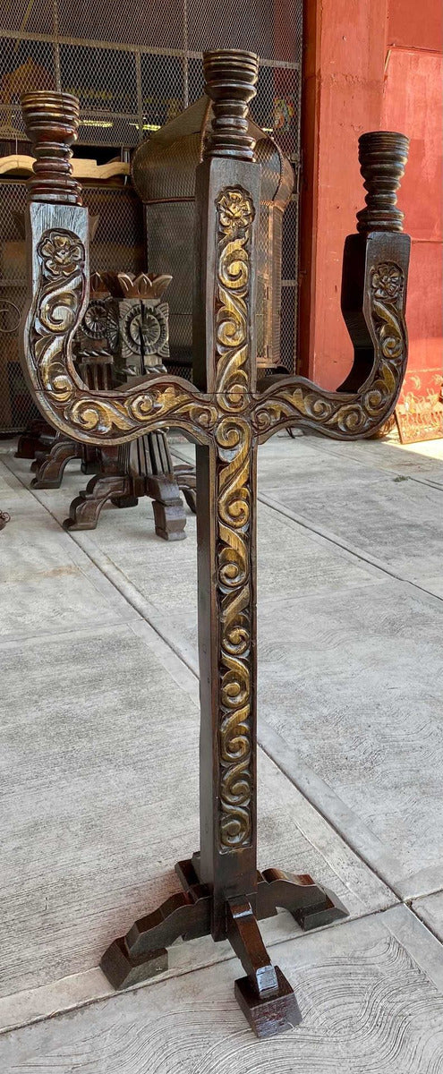 Antique and original hand-carved wooden candlestick