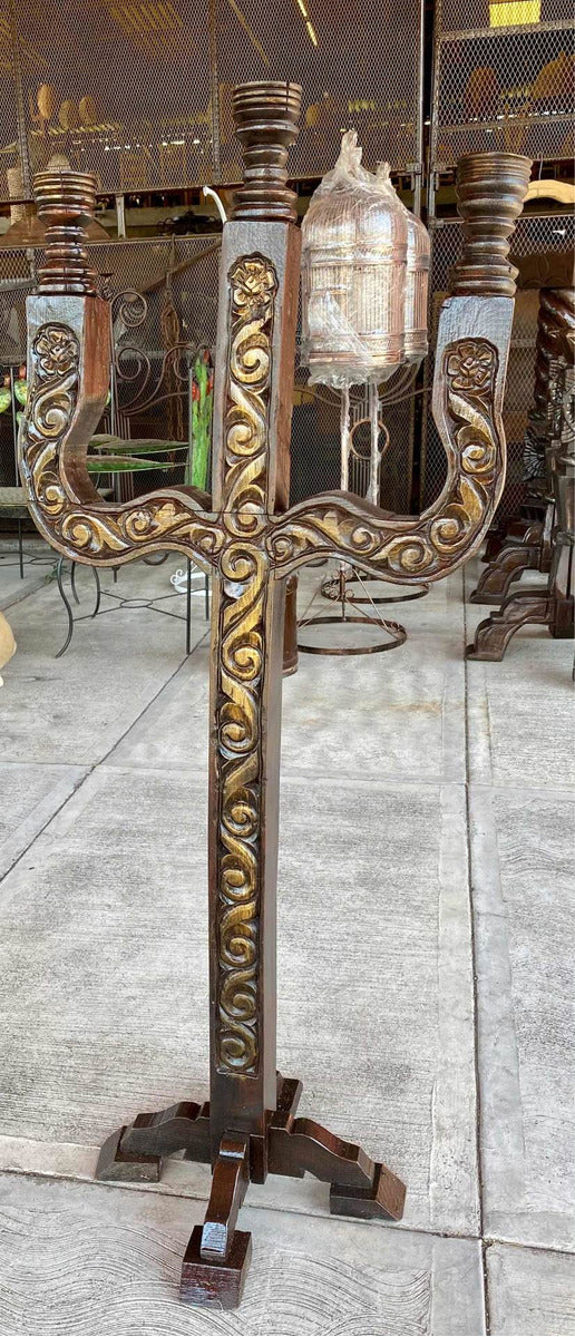 Antique and original hand-carved wooden candlestick