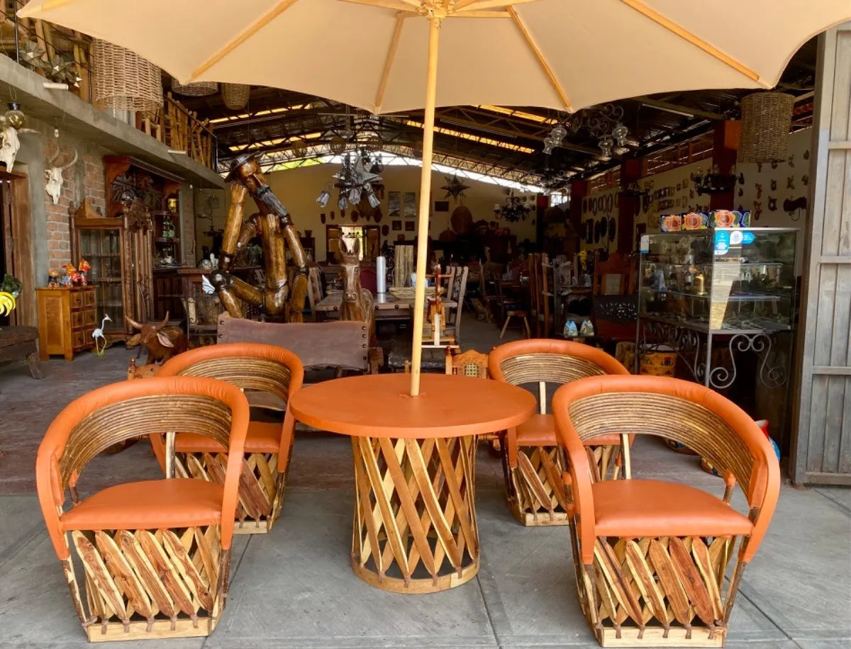 Comedor Equipales Madera Y Piel Con Sombrilla Estilo Antiguo