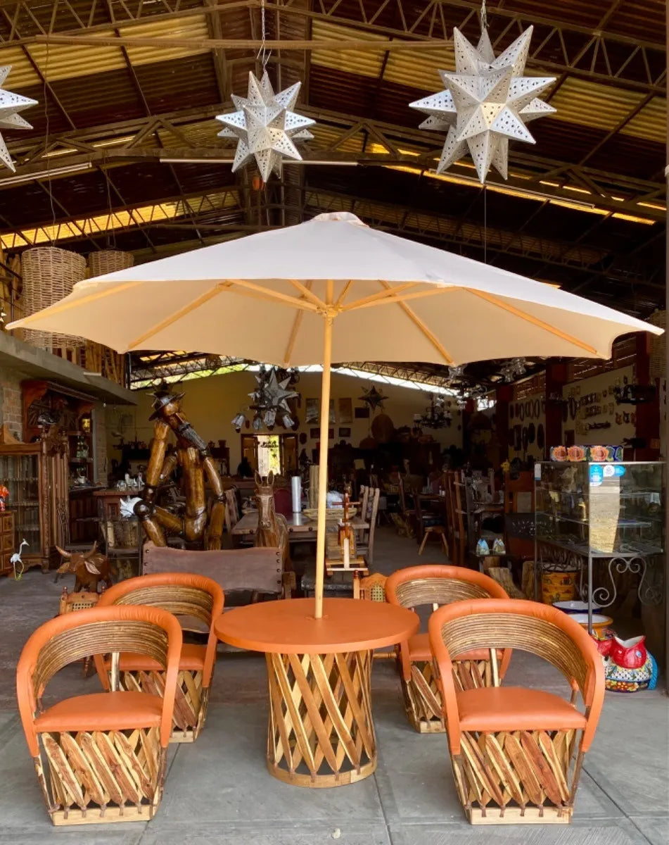 Comedor Equipales Madera Y Piel Con Sombrilla Estilo Antiguo