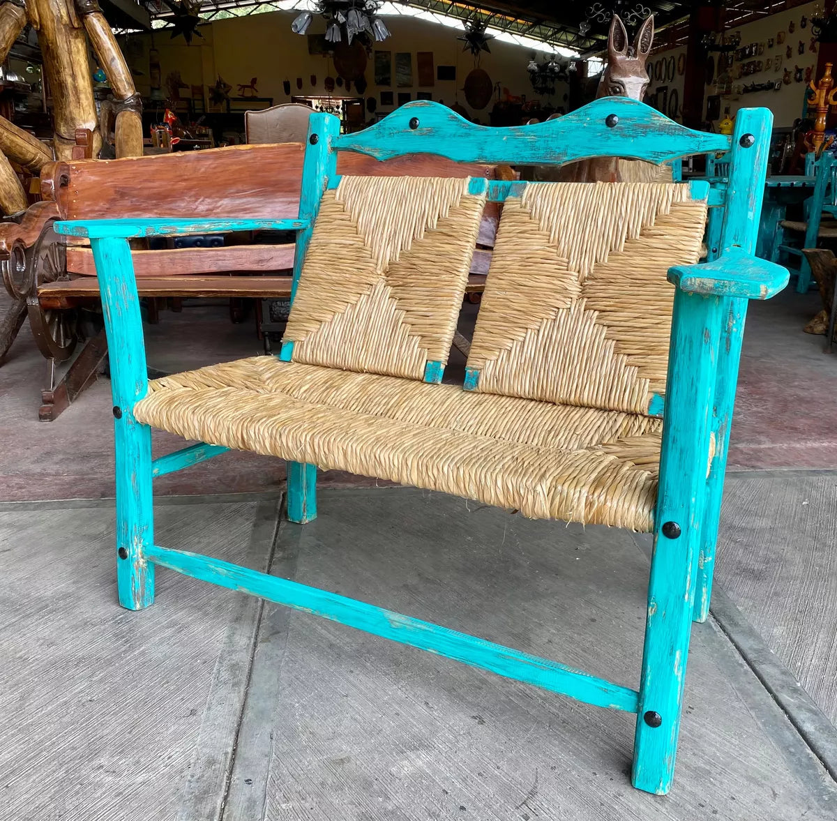 Vintage Turquoise 2-Person Antique Style Handcrafted Bench.