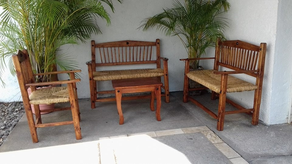Handcrafted Wooden Room with Woven Seat.