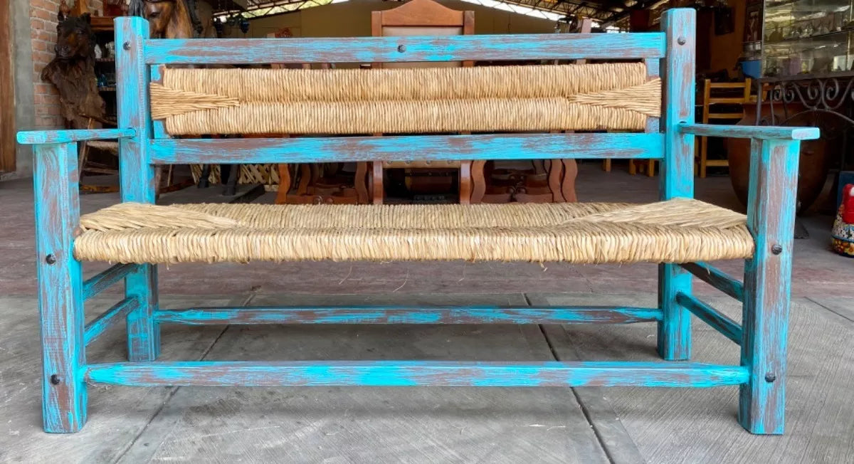Vintage Woven 3-Person Antique Style Handmade Bench