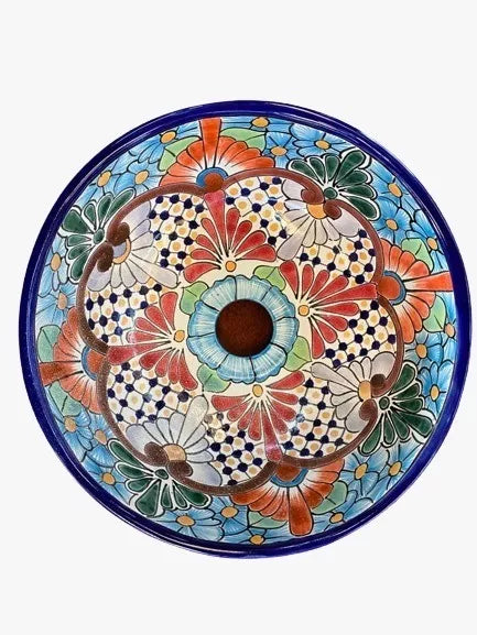 Small Round Countertop Talavera Sink, Antique Style