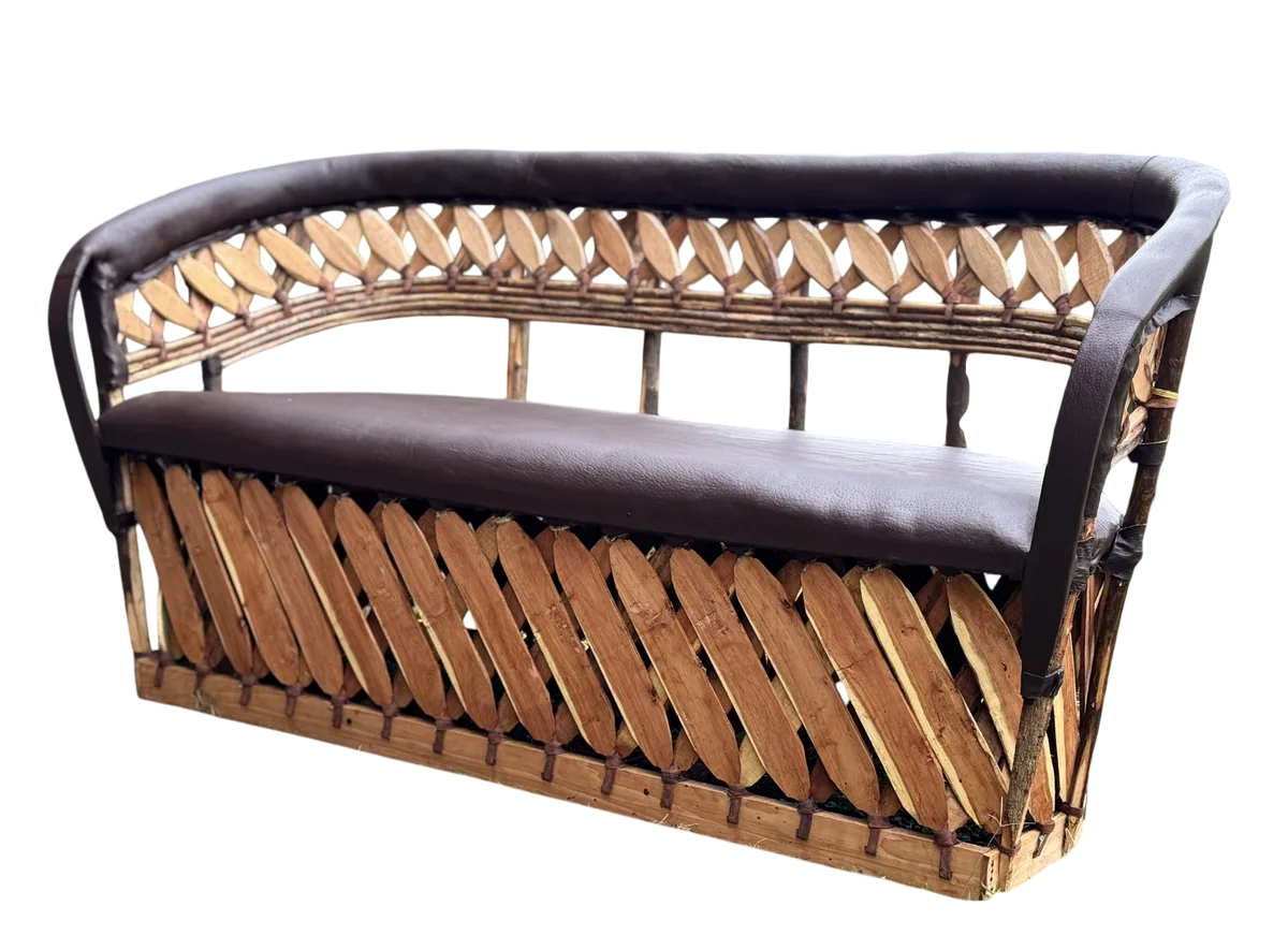 Sillon Love Seat 3 Personas Estilo Equipal Antiguo Estacas. Chocolate Piel