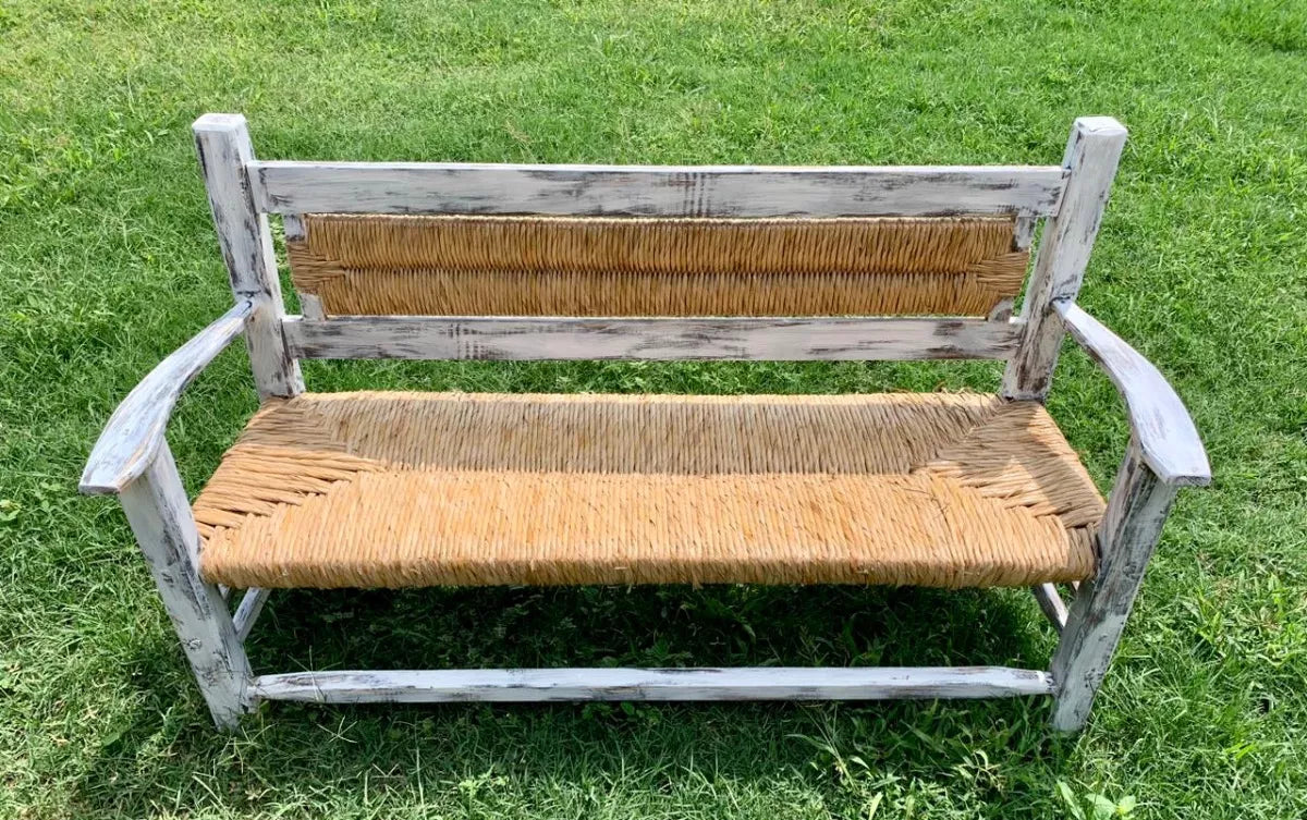 Vintage White Handcrafted Bench 3 Person Antique Style.