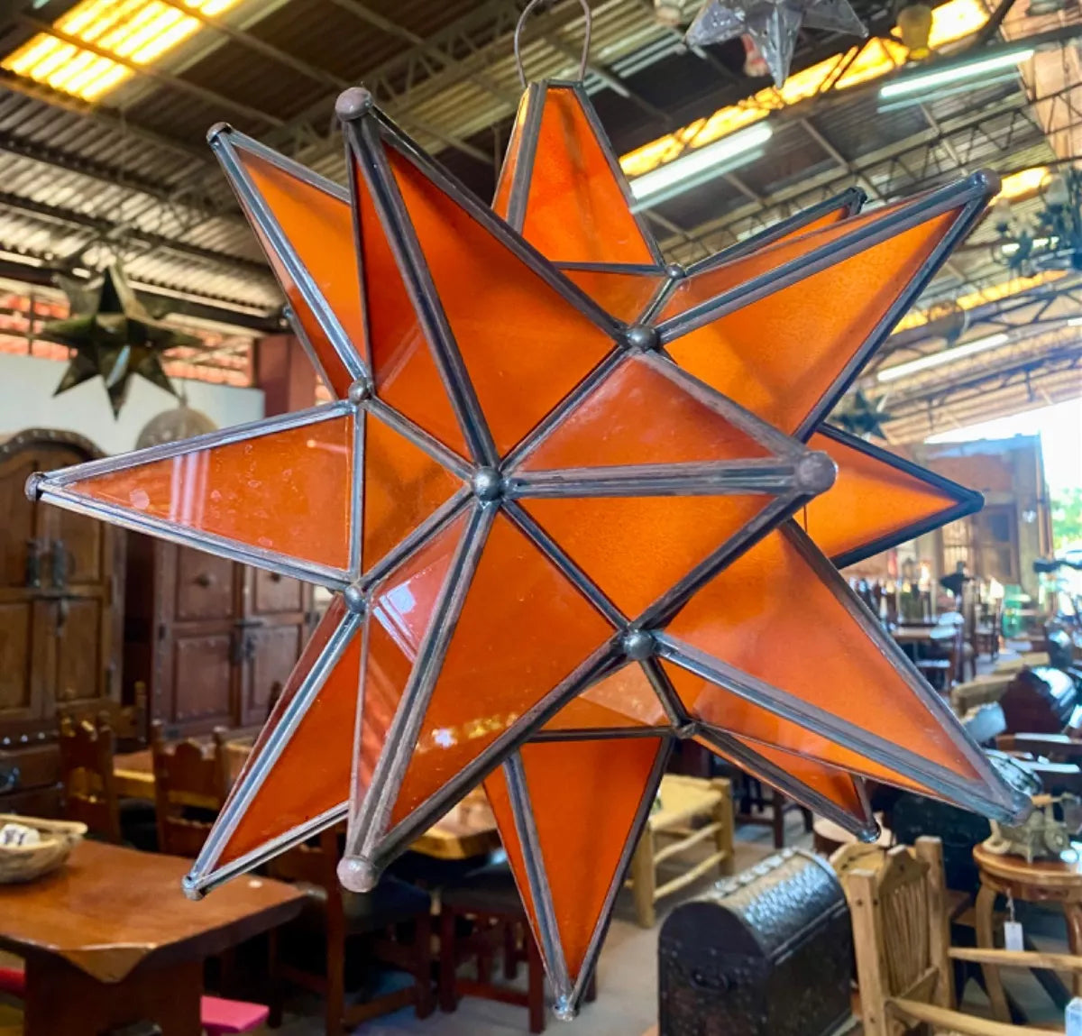 Lámpara Artesanal Estrella Metal Y Cristal Estilo Antiguo.